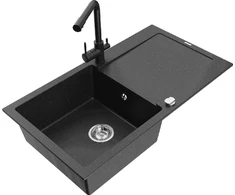 Granitinė virtuvinė plautuvė Mexen Leo su maišytuvu ir sifonu, Metallic juodas/sidabrinis+Juodas