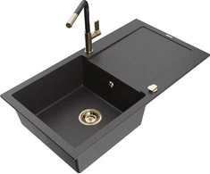 Granitinė virtuvinė plautuvė Mexen Leo su maišytuvu ir sifonu, Juodas granite+Juodas granite/Gold