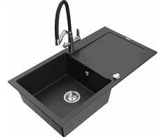 Granitinė virtuvinė plautuvė Mexen Leo su maišytuvu ir sifonu, Metallic juodas/sidabrinis+Juodas/Chrome
