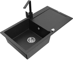 Granitinė virtuvinė plautuvė Mexen Leo su maišytuvu ir sifonu, Metallic juodas/sidabrinis+Juodas
