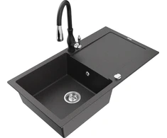 Granitinė virtuvinė plautuvė Mexen Leo su maišytuvu ir sifonu, Juodas granite+Juodas
