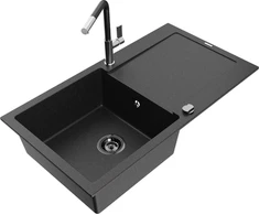 Granitinė virtuvinė plautuvė Mexen Leo su maišytuvu ir sifonu, Metallic juodas/sidabrinis+Juodas/Chrome