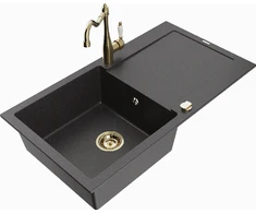 Granitinė virtuvinė plautuvė Mexen Leo su maišytuvu ir sifonu, Juodas granite+Gold