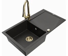 Granitinė virtuvinė plautuvė Mexen Leo su maišytuvu ir sifonu, Metallic juodas/auksinis+Gold