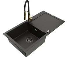 Granitinė virtuvinė plautuvė Mexen Leo su maišytuvu ir sifonu, Metallic juodas/auksinis+Juodas/Gold