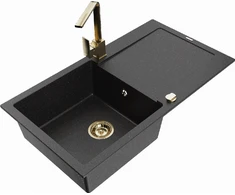 Granitinė virtuvinė plautuvė Mexen Leo su maišytuvu ir sifonu, Metallic juodas/sidabrinis+Gold