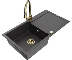 Granitinė virtuvinė plautuvė Mexen Leo su maišytuvu ir sifonu, Juodas granite+Gold