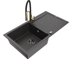 Granitinė virtuvinė plautuvė Mexen Leo su maišytuvu ir sifonu, Juodas granite+Juodas/Gold