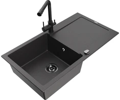 Granitinė virtuvinė plautuvė Mexen Leo su maišytuvu ir sifonu, Juodas granite+Juodas