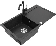 Granitinė virtuvinė plautuvė Mexen Leo su maišytuvu ir sifonu, Metallic juodas/sidabrinis+Juodas