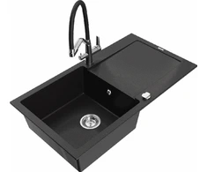 Granitinė virtuvinė plautuvė Mexen Leo su maišytuvu ir sifonu, Juodas+Juodas/Chrome
