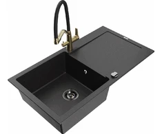 Granitinė virtuvinė plautuvė Mexen Leo su maišytuvu ir sifonu, Metallic juodas/sidabrinis+Juodas/Gold