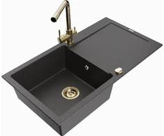 Granitinė virtuvinė plautuvė Mexen Leo su maišytuvu ir sifonu, Juodas granite+Gold