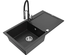 Granitinė virtuvinė plautuvė Mexen Leo su maišytuvu ir sifonu, Metallic juodas/sidabrinis+Juodas/Chrome
