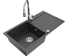 Granitinė virtuvinė plautuvė Mexen Leo su maišytuvu ir sifonu, Juodas granite+Chrome