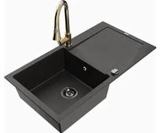 Granitinė virtuvinė plautuvė Mexen Leo su maišytuvu ir sifonu, Metallic juodas/auksinis+Gold