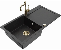 Granitinė virtuvinė plautuvė Mexen Leo su maišytuvu ir sifonu, Metallic juodas/sidabrinis+Gold