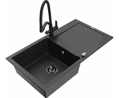 Granitinė virtuvinė plautuvė Mexen Leo su maišytuvu ir sifonu, Metallic juodas/sidabrinis+Juodas