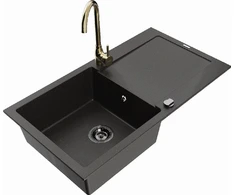 Granitinė virtuvinė plautuvė Mexen Leo su maišytuvu ir sifonu, Metallic juodas/auksinis+Gold
