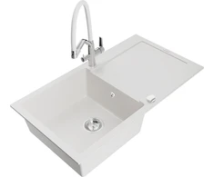 Granitinė virtuvinė plautuvė Mexen Leo su maišytuvu ir sifonu, Baltas+Baltas/Chrome