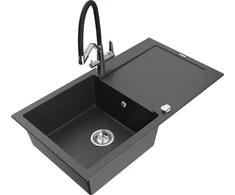 Granitinė virtuvinė plautuvė Mexen Leo su maišytuvu ir sifonu, Juodas granite+Juodas/Chrome
