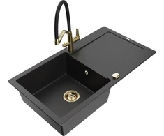 Granitinė virtuvinė plautuvė Mexen Leo su maišytuvu ir sifonu, Metallic juodas/sidabrinis+Juodas/Gold