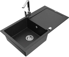 Granitinė virtuvinė plautuvė Mexen Leo su maišytuvu ir sifonu, Metallic juodas/sidabrinis+Chrome