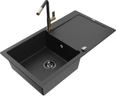 Granitinė virtuvinė plautuvė Mexen Leo su maišytuvu ir sifonu, Metallic juodas/sidabrinis+Juodas/Gold