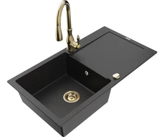 Granitinė virtuvinė plautuvė Mexen Leo su maišytuvu ir sifonu, Metallic juodas/sidabrinis+Gold