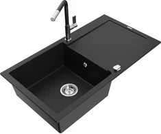 Granitinė virtuvinė plautuvė Mexen Leo su maišytuvu ir sifonu, Juodas+Juodas/Chrome