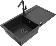 Granitinė virtuvinė plautuvė Mexen Leo su maišytuvu ir sifonu, Metallic juodas/sidabrinis+Juodas
