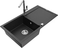 Granitinė virtuvinė plautuvė Mexen Leo su maišytuvu ir sifonu, Metallic juodas/sidabrinis+Chrome