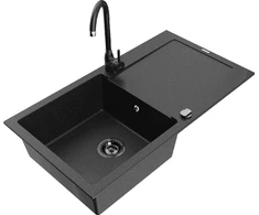 Granitinė virtuvinė plautuvė Mexen Leo su maišytuvu ir sifonu, Metallic juodas/sidabrinis+Juodas