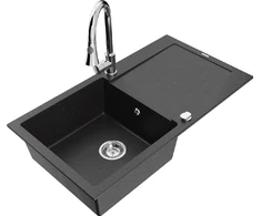 Granitinė virtuvinė plautuvė Mexen Leo su maišytuvu ir sifonu, Metallic juodas/sidabrinis+Chrome