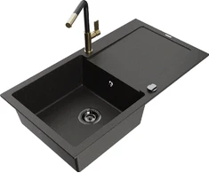 Granitinė virtuvinė plautuvė Mexen Leo su maišytuvu ir sifonu, Metallic juodas/auksinis+Juodas/Gold