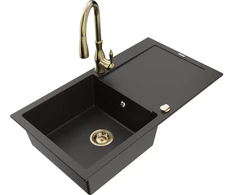 Granitinė virtuvinė plautuvė Mexen Leo su maišytuvu ir sifonu, Metallic juodas/auksinis+Gold