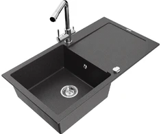 Granitinė virtuvinė plautuvė Mexen Leo su maišytuvu ir sifonu, Juodas granite+Chrome