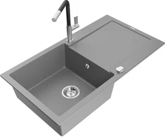 Granitinė virtuvinė plautuvė Mexen Leo su maišytuvu ir sifonu, Pilkas+Juodas/Chrome