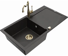 Granitinė virtuvinė plautuvė Mexen Leo su maišytuvu ir sifonu, Metallic juodas/auksinis+Gold