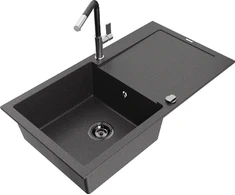 Granitinė virtuvinė plautuvė Mexen Leo su maišytuvu ir sifonu, Juodas granite+Juodas/Chrome