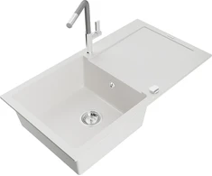Granitinė virtuvinė plautuvė Mexen Leo su maišytuvu ir sifonu, Baltas+Pilkas/Chrome