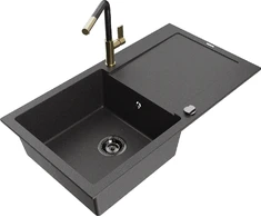 Granitinė virtuvinė plautuvė Mexen Leo su maišytuvu ir sifonu, Juodas granite+Juodas granite/Gold