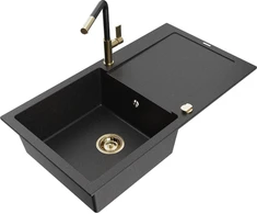 Granitinė virtuvinė plautuvė Mexen Leo su maišytuvu ir sifonu, Metallic juodas/sidabrinis+Juodas/Gold