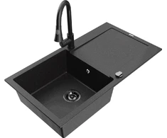 Granitinė virtuvinė plautuvė Mexen Leo su maišytuvu ir sifonu, Metallic juodas/sidabrinis+Juodas