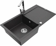 Granitinė virtuvinė plautuvė Mexen Leo su maišytuvu ir sifonu, Juodas granite+Chrome