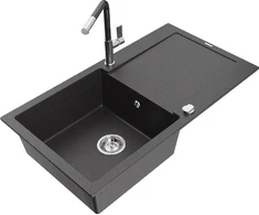 Granitinė virtuvinė plautuvė Mexen Leo su maišytuvu ir sifonu, Juodas granite+Juodas granite/Chrome