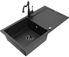 Granitinė virtuvinė plautuvė Mexen Leo su maišytuvu ir sifonu, Metallic juodas/sidabrinis+Juodas