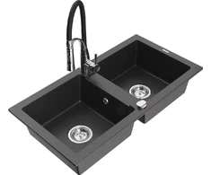Granitinė virtuvinė plautuvė Mexen Mario su maišytuvu ir sifonu, Juodas granite+Juodas/Chrome