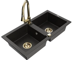 Granitinė virtuvinė plautuvė Mexen Mario su maišytuvu ir sifonu, Metallic juodas/auksinis+Gold
