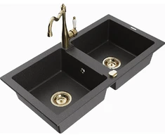 Granitinė virtuvinė plautuvė Mexen Mario su maišytuvu ir sifonu, Juodas granite+Gold
